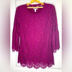 Isaac Mizrahi Live! Fuchsia Floral Lace 3/4 Bell Sleeve Blouse in Size M